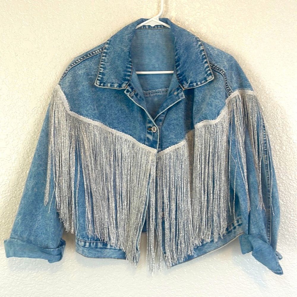 Crop denim fringe jacket
